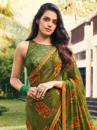 Saree mall Olive Green & Orange Floral Poly Chiffon Sarees