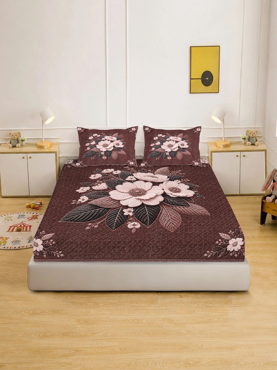 KLOTTHE Brown & Pink Floral 400 TC King Bedsheet with 2 Pillow Covers