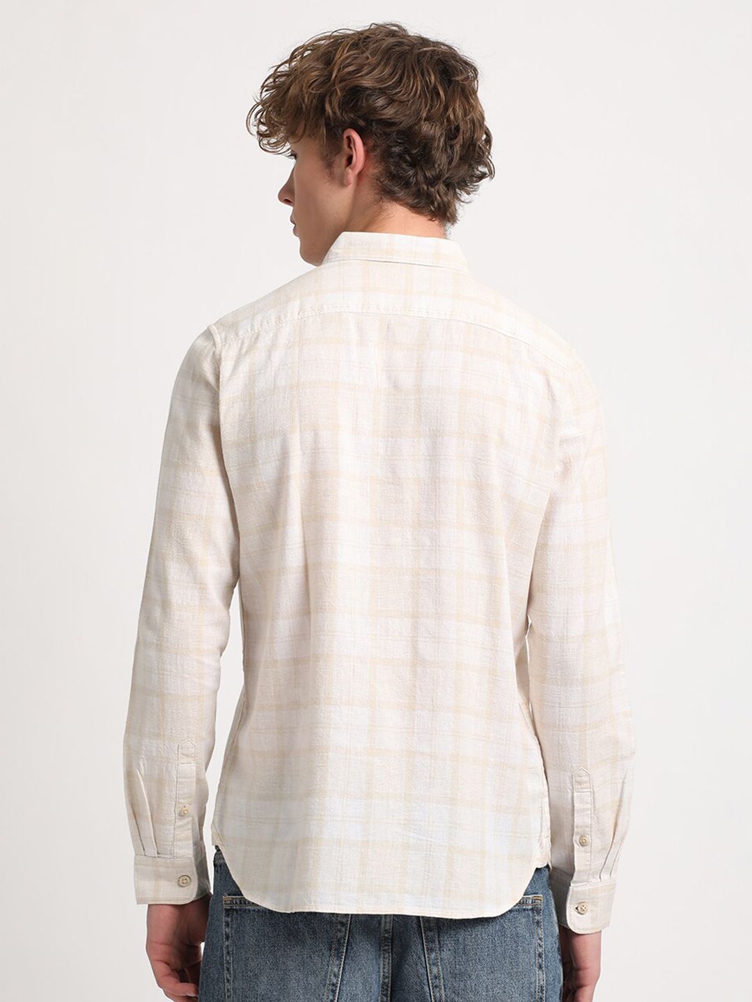 THE BEAR HOUSE Slim Fit Checked Cotton Linen Casual Shirt