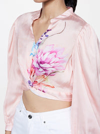 AND Floral Printed Mandarin Collar Cuffed Sleeves Twisted Detail Shirt Style Crop Top
