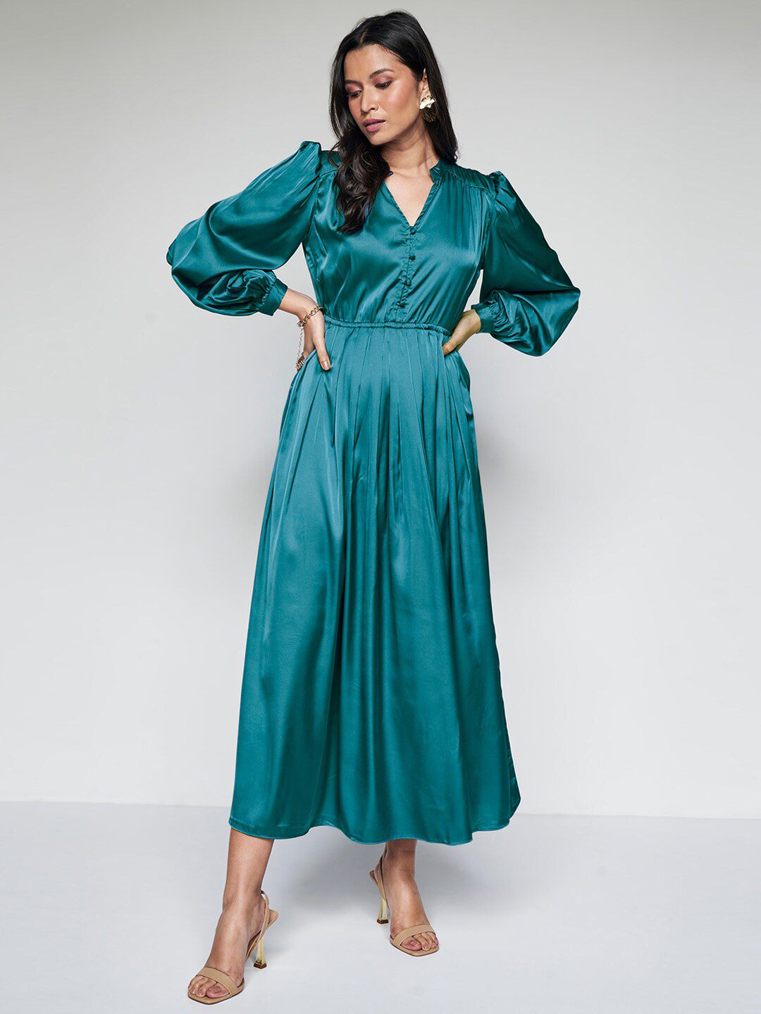 AND Shirt Collar Long Sleeves Maxi Dress
