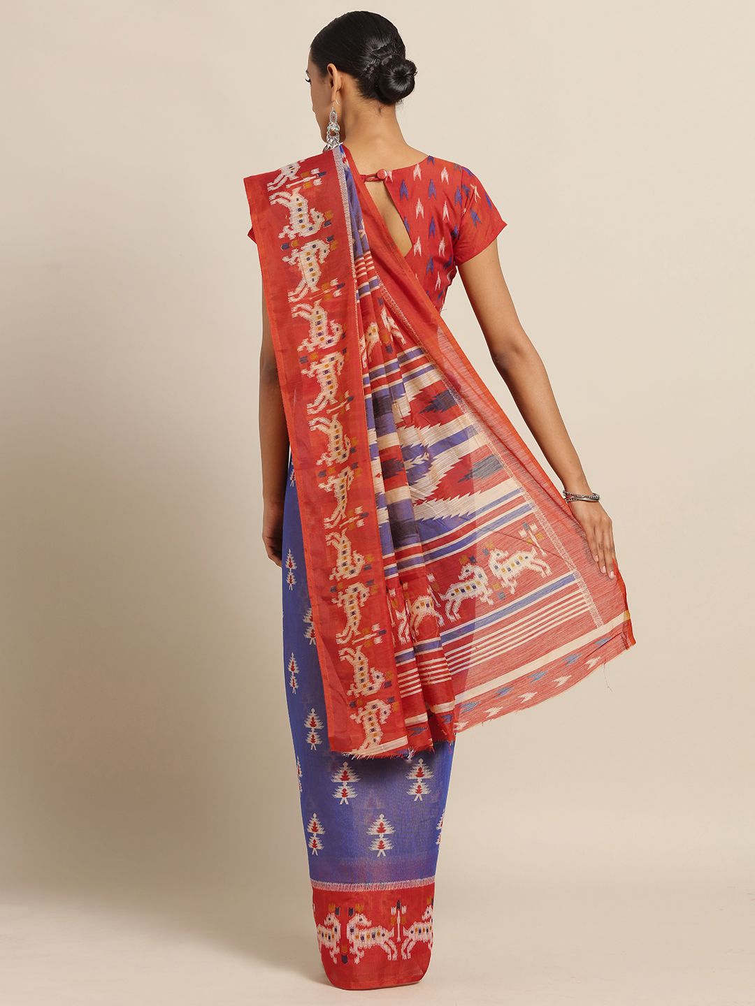 Saree mall Blue & Rust Orange Cotton Blend Printed Ikat Saree