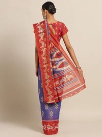Saree mall Blue & Rust Orange Cotton Blend Printed Ikat Saree
