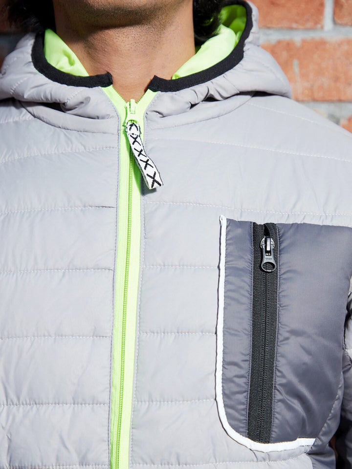 Campus Sutra Grey Hooded Windcheater Puffer Jacket With Contrast Zipper