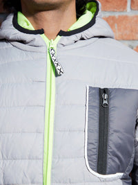 Campus Sutra Grey Hooded Windcheater Puffer Jacket With Contrast Zipper