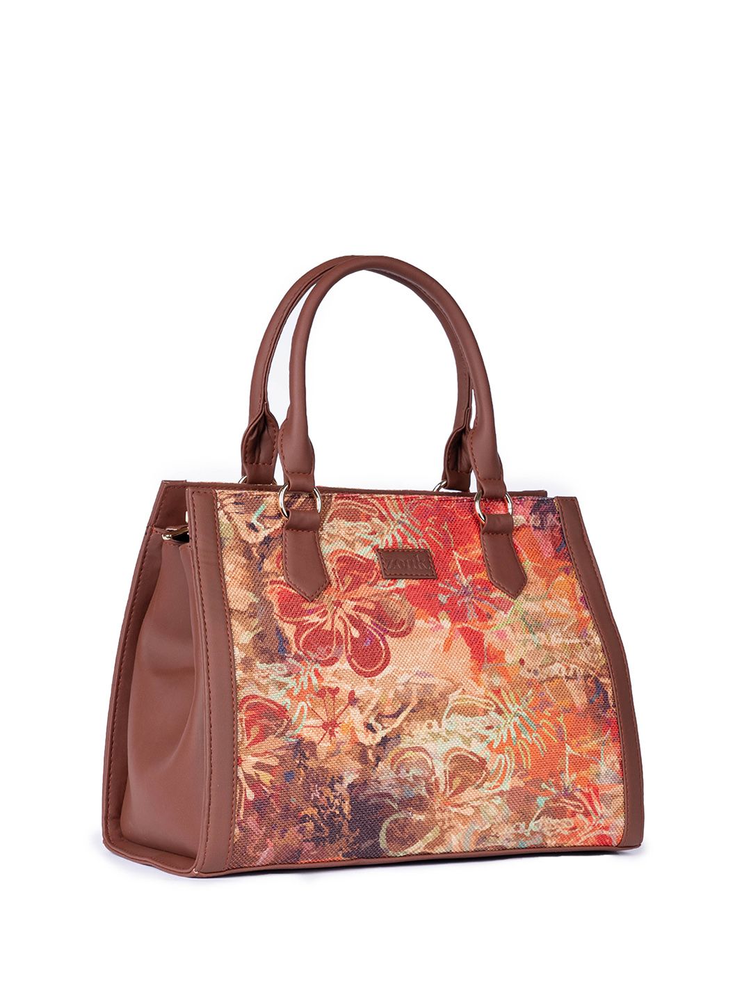 ZOUK =Floral Printed Structured Jute Handheld Bag