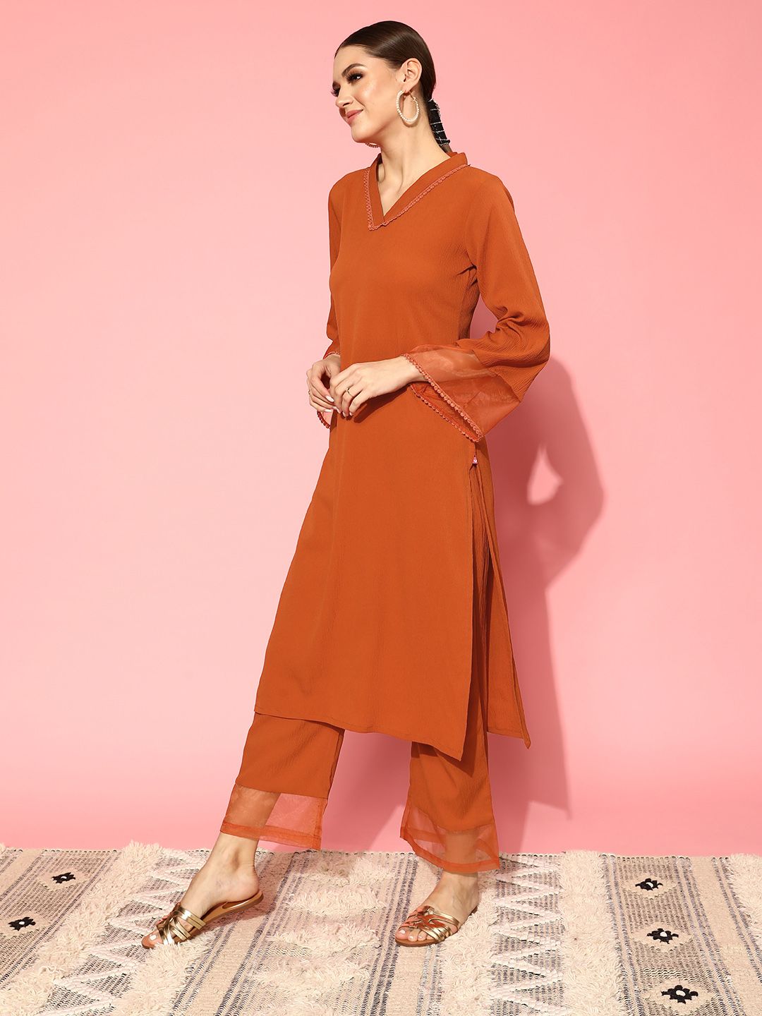 Varanga Rust Flared Sleeve Organza detailed V Neck Textured Kurta with Palazzo