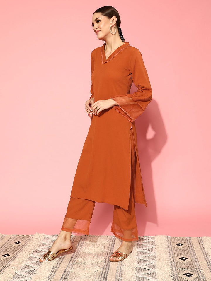 Varanga Rust Flared Sleeve Organza detailed V Neck Textured Kurta with Palazzo