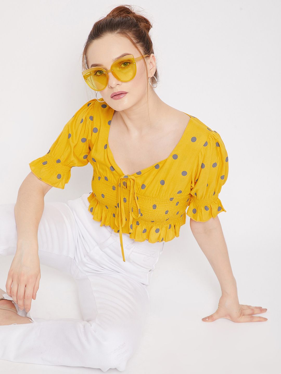 Berrylush Yellow & Blue Polka Dot Printed Crepe Crop Top