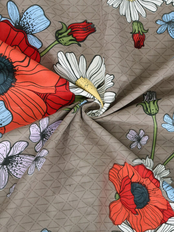 KLOTTHE Grey Floral Polycotton 210 TC King Fine Bedsheet with 2 Pillow Covers-108 x 108 inches
