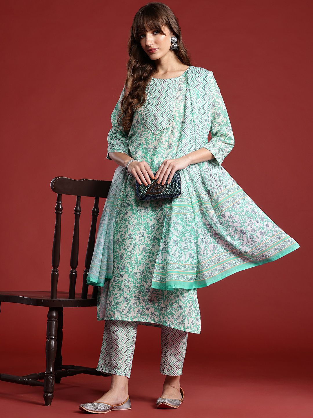 Anouk Floral Printed Regular Gotta Patti Kurta with Trousers & Dupatta