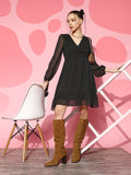Berrylush Black Chiffon Bishop Sleeves Mini Dress