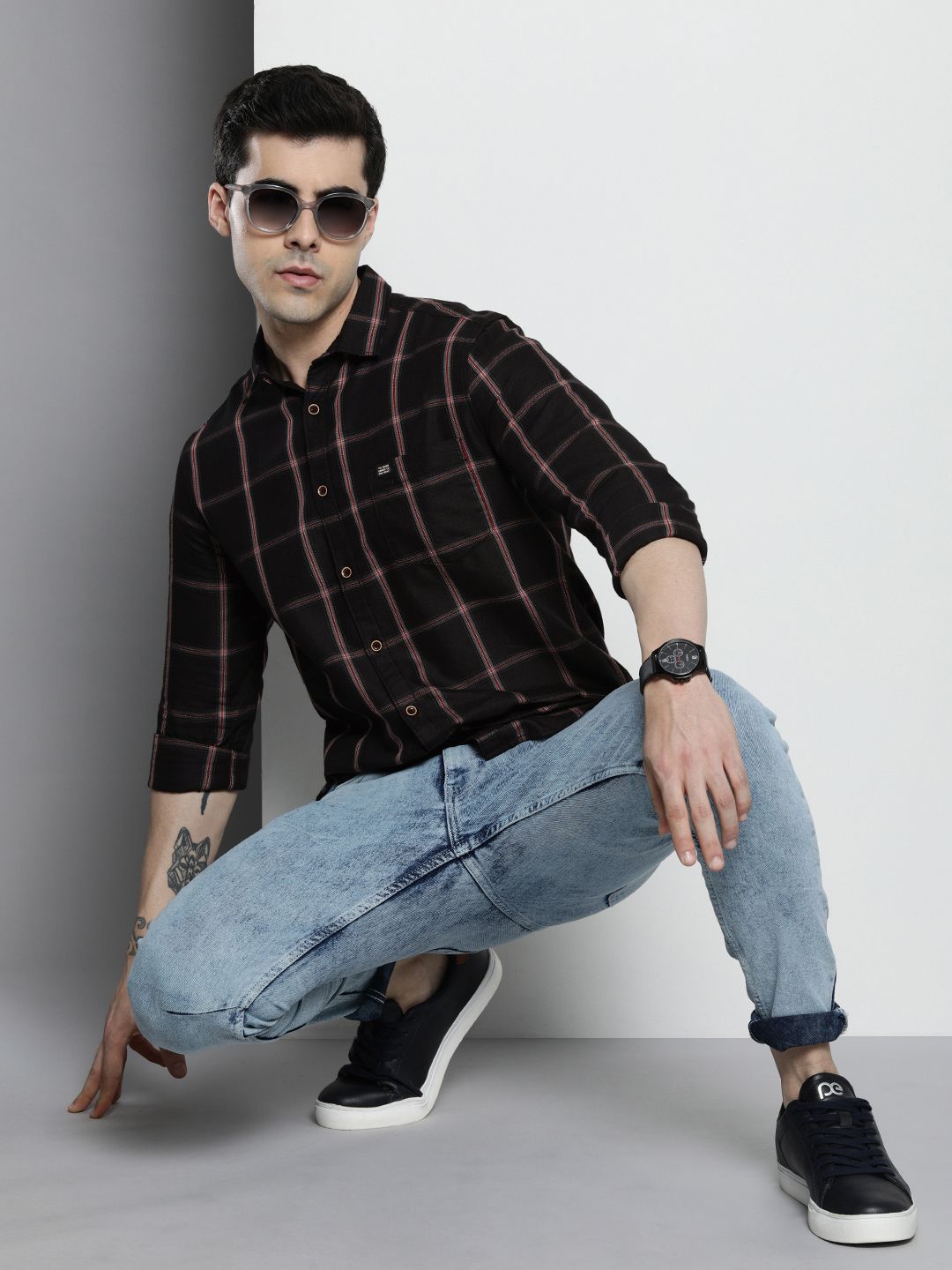 The Indian Garage Co Checked Pure Cotton Casual T-Shirt