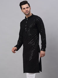 Jompers Men Black Floral Embroidered Sequined Cotton Kurta
