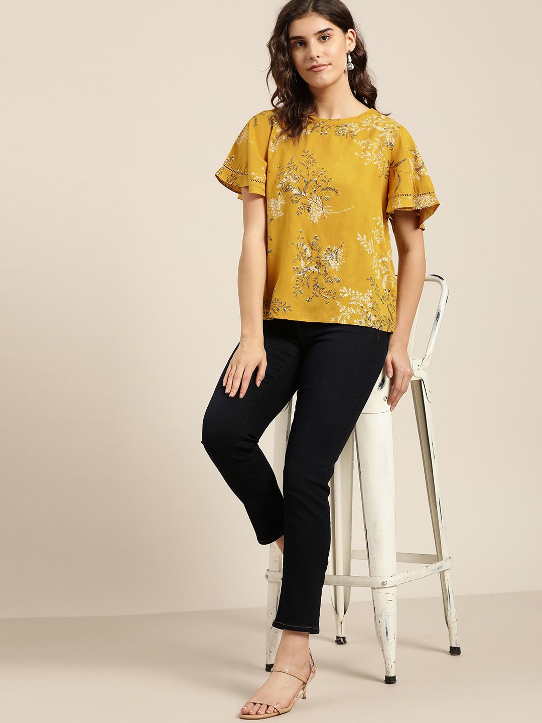 all about you Mustard Yellow Floral Print Top With Flared Sleeves