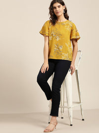 all about you Mustard Yellow Floral Print Top With Flared Sleeves