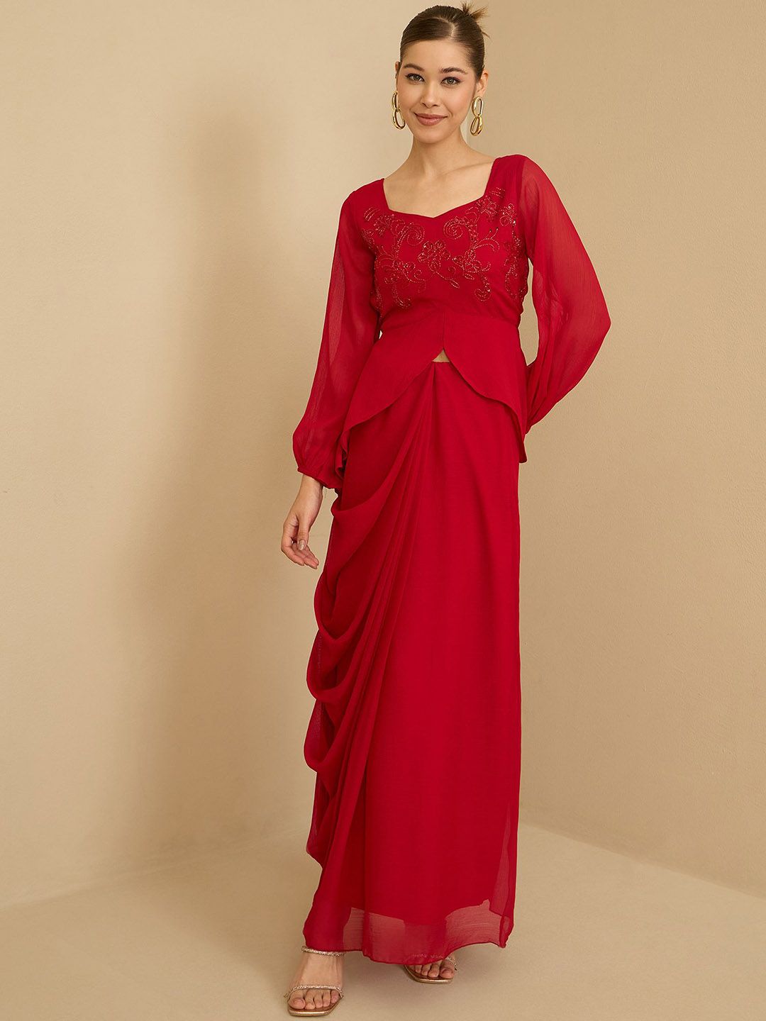 Antheaa Red Embellished Square Neck Top With Skirt