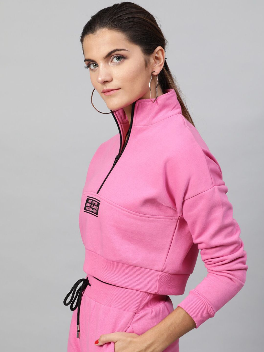 STREET 9 Women Pink Solid Pure Cotton Crop Sweatshirt