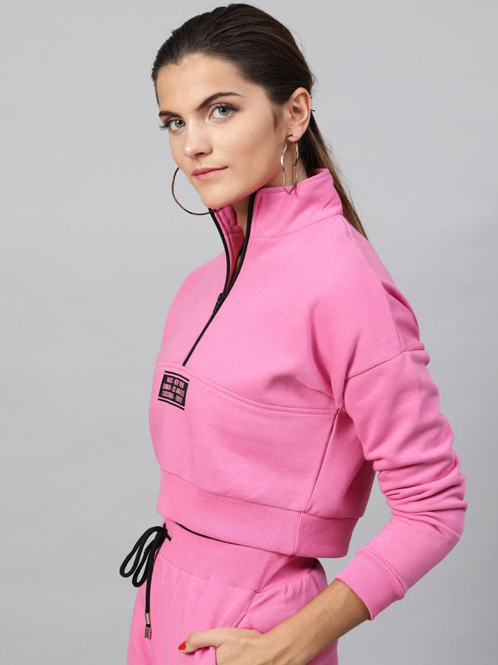 STREET 9 Women Pink Solid Pure Cotton Crop Sweatshirt
