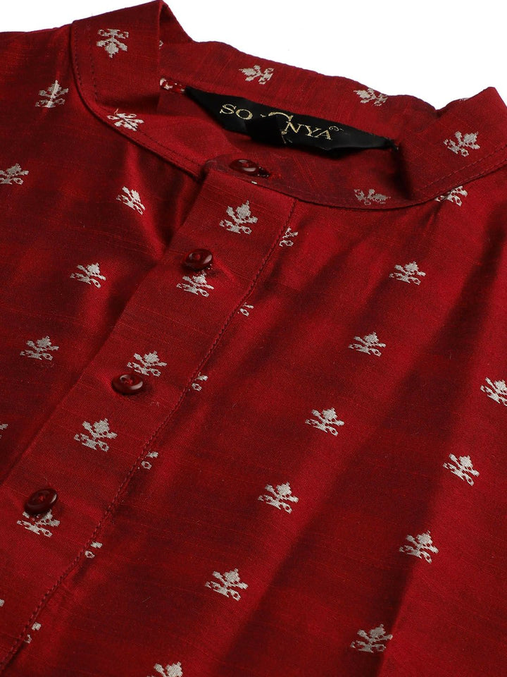SOJANYA Kurta Motif Etnik Maroon Lelaki dengan Jaket Churidar & Nehru