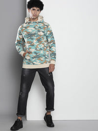The Indian Garage Co Men Beige & Turquoise Blue Printed Hooded Sweatshirt