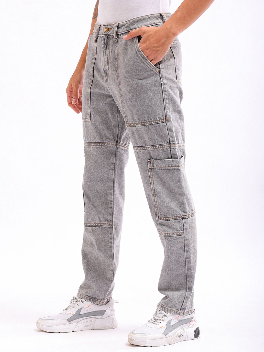 The Indian Garage Co Men Dad Fit Mid-Rise Clean Look Heavy Fade Cargo Style Cotton Jeans