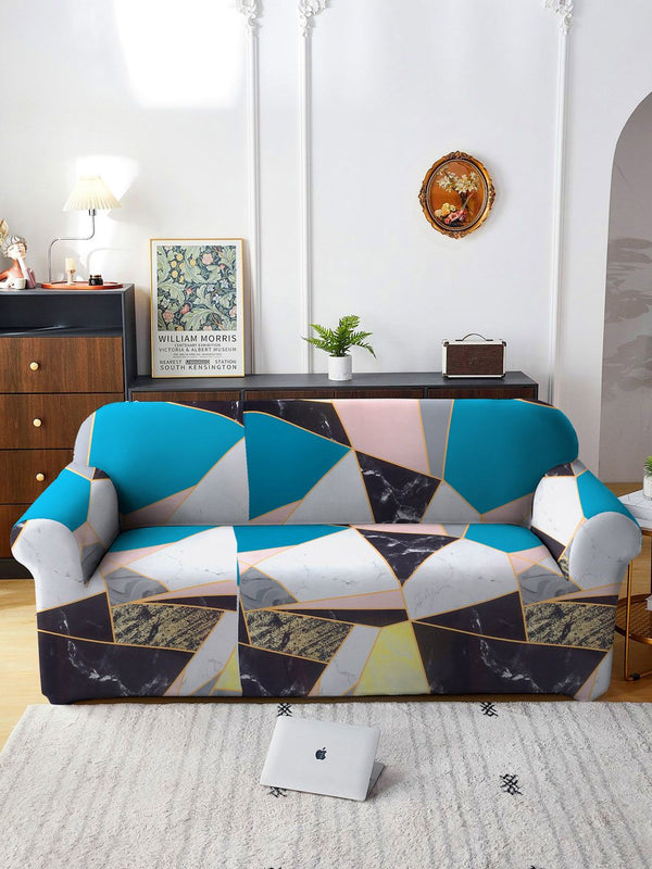 Cortina Teal Blue & Pink Geometric Printed 3 Seater Sofa Cover