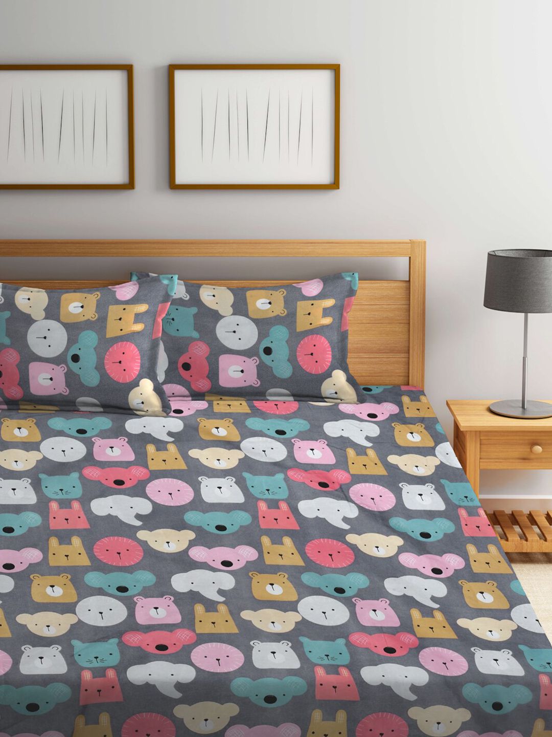 KLOTTHE Grey Printed Fitted 300 TC Double King Bedsheet With 2 Pillow Covers