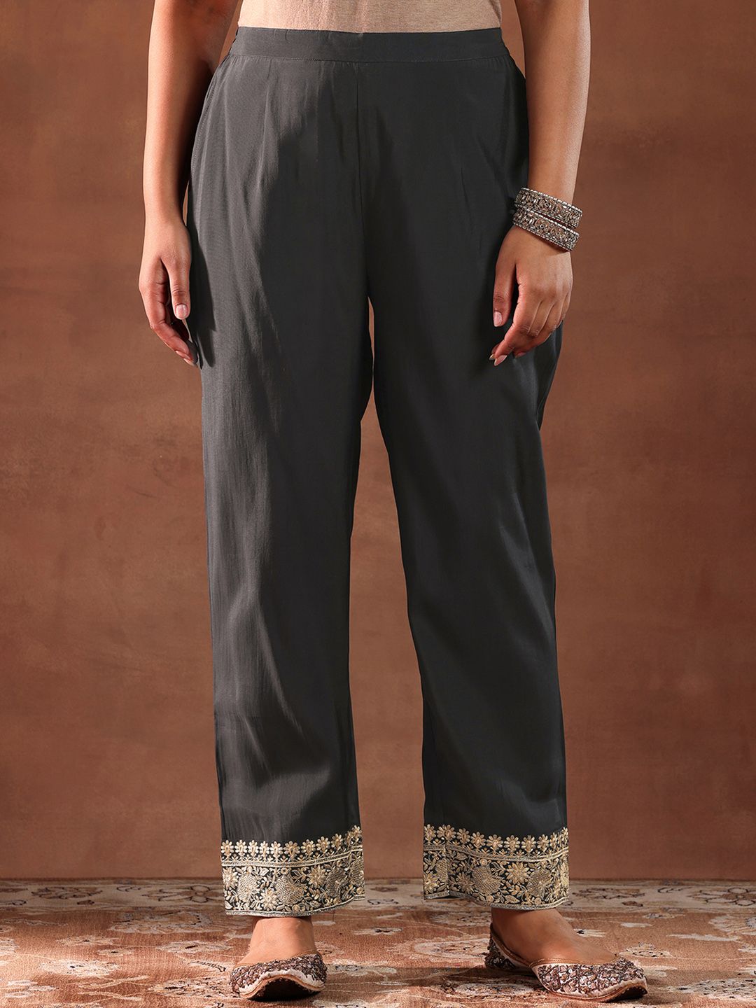 Libas Black and Grey Floral Embroidered Thread Work Kurta with Trouser & Dupatta