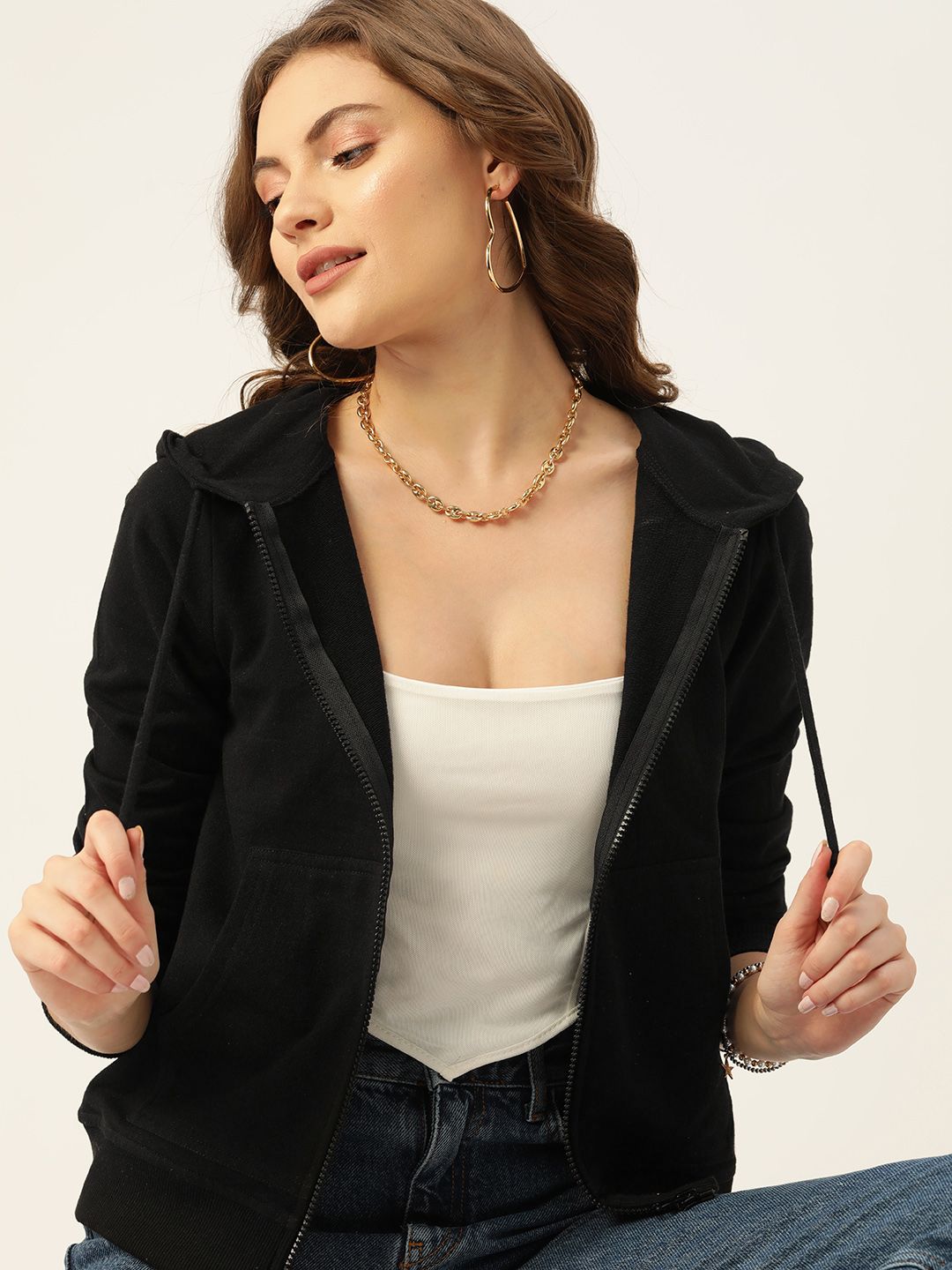 DressBerry Women Black Solid Hooded Sweatshirt