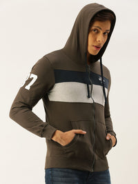 The Indian Garage Co Men Olive Green & Off-White Colourblocked Hooded Sweatshirt