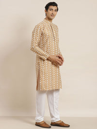 SOJANYA Men Beige & White Ethnic Motifs Embroidered Kurta with Churidar & Jacket