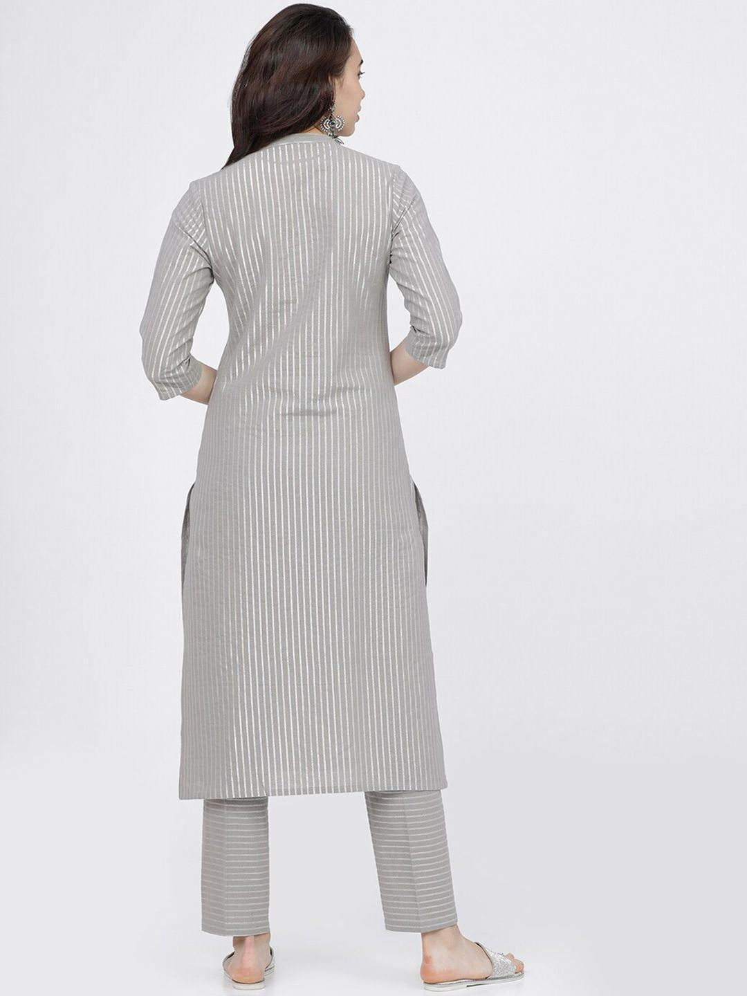 Vishudh Women Grey Striped Regular Pure Cotton Kurta with Trousers