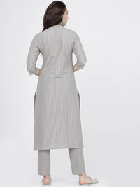 Vishudh Women Grey Striped Regular Pure Cotton Kurta with Trousers