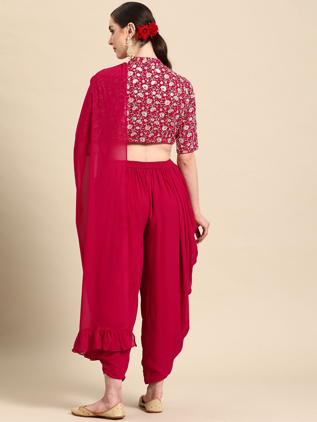Libas Pure Georgette Ruffled Detail Dhoti Saree with Stitched Blouse
