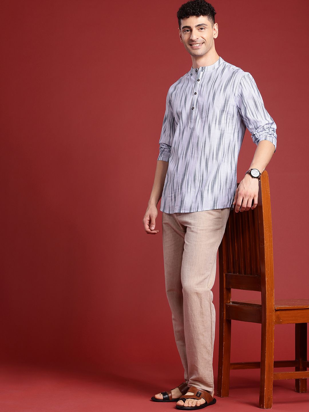 Anouk Men Ikat Printed Mandarin Collar Pure Cotton Short Kurta
