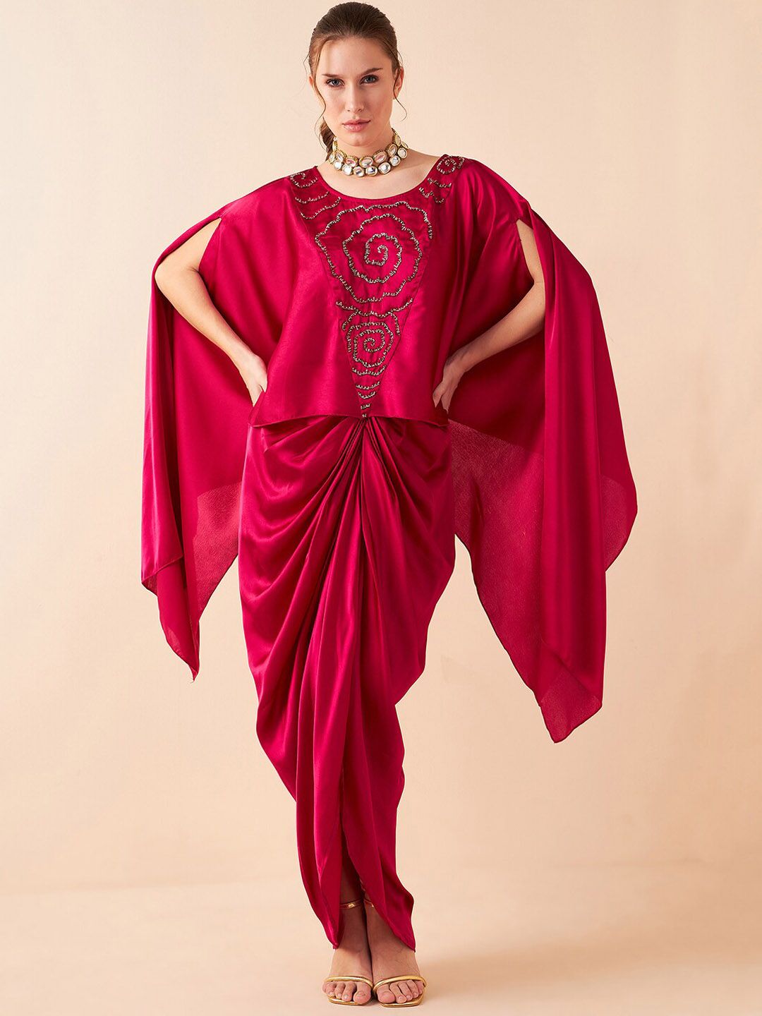 Antheaa Pink Embellished Top With Draped Skirt