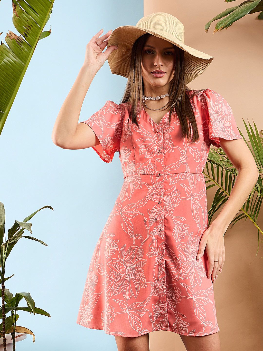 SASSAFRAS Floral Printed V Neck Flared Sleeves A-Line Dress