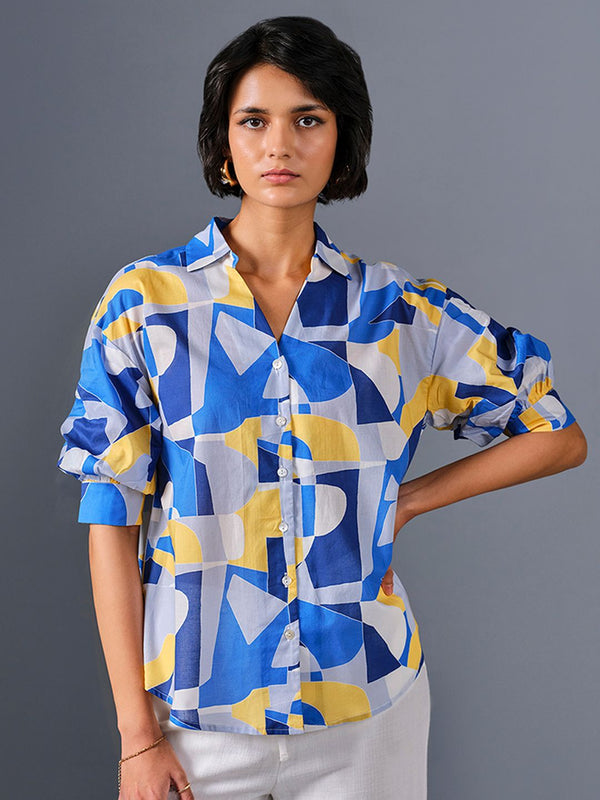 AND Geometric Print Extended Sleeves Cotton Shirt Style Top