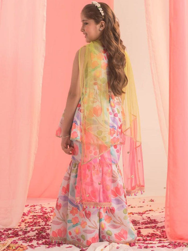 pspeaches Girls Floral Printed Angrakha Kurta with Sharara & With Dupatta