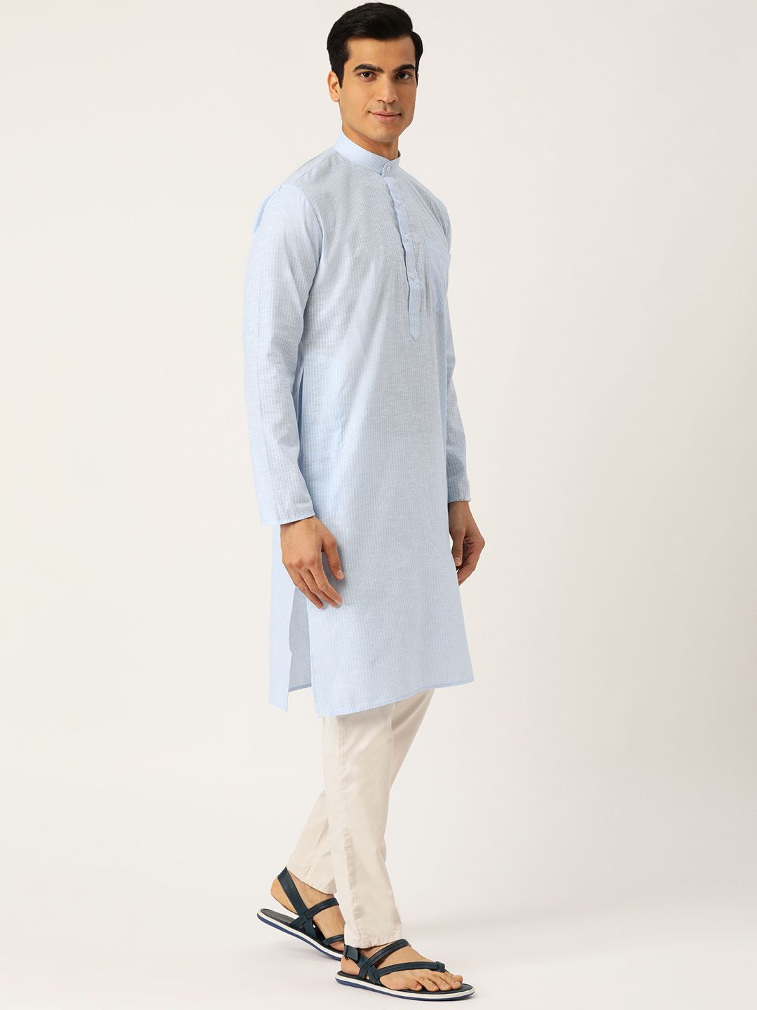 SOJANYA Men Blue & White Striped Straight Kurta