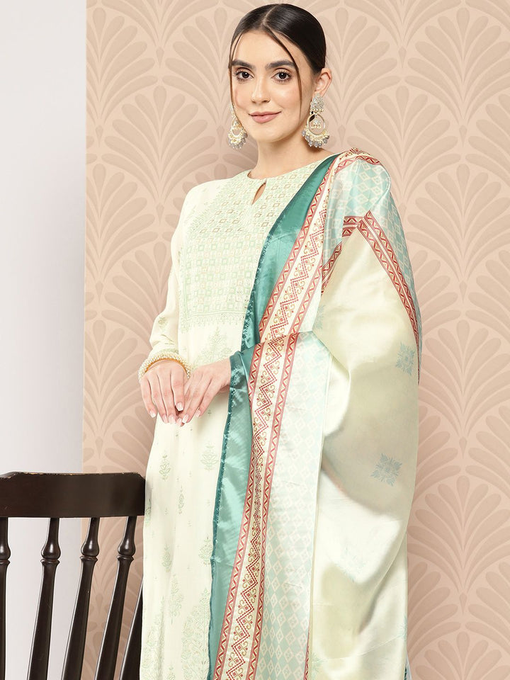 Libas Women Cream-Coloured Floral Printed Chanderi Silk Kurta with Trousers & With Dupatta