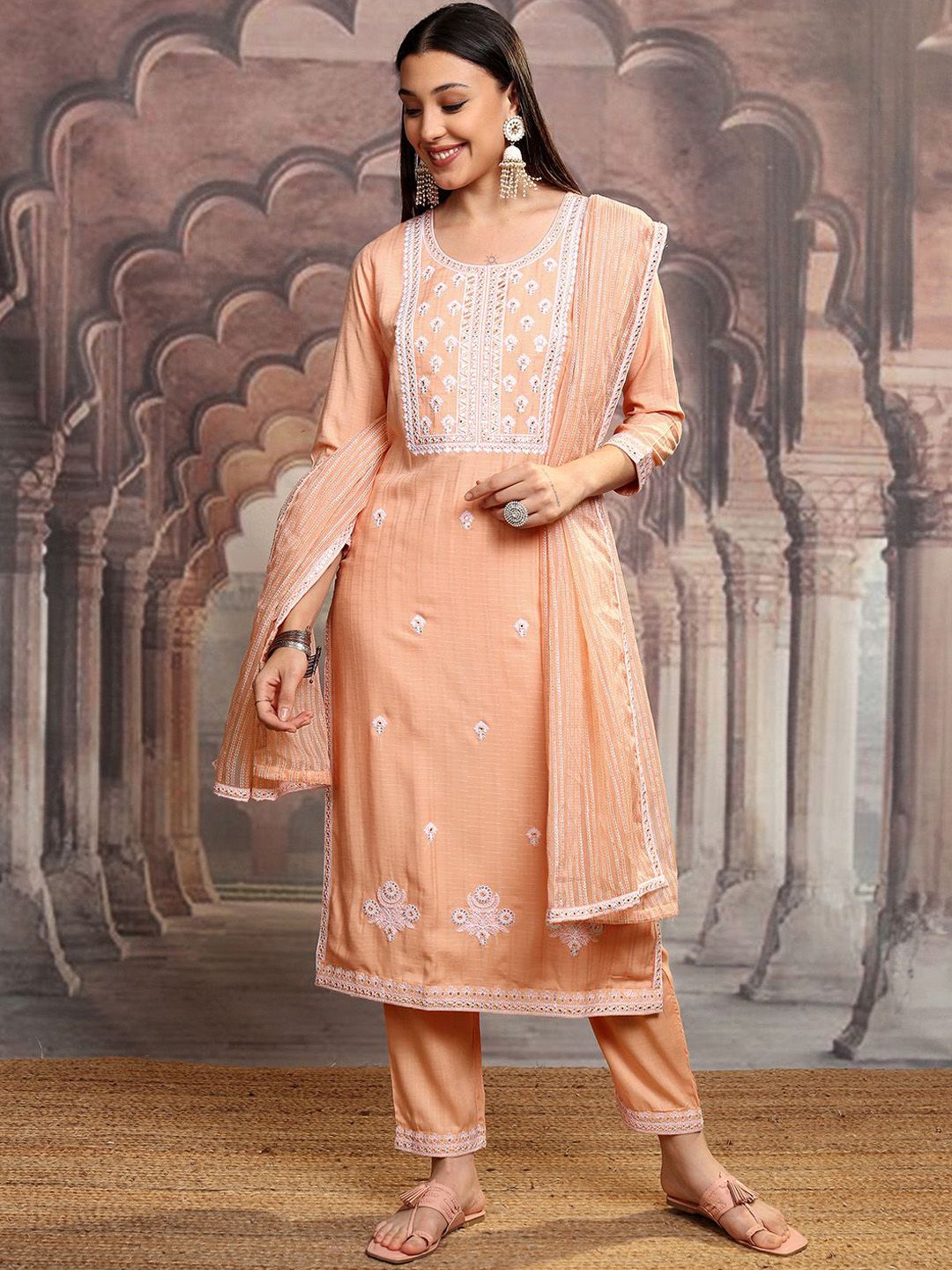 Vishudh Orange Ethnic Motifs Embroidered Thread Work Kurta with Trousers & Dupatta