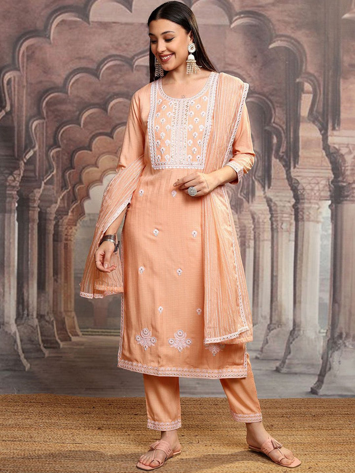 Vishudh Orange Ethnic Motifs Embroidered Thread Work Kurta with Trousers & Dupatta