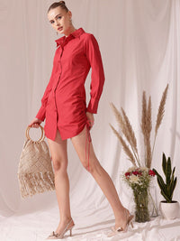 STREET 9 Spread Collar Gathered Pure Cotton Shirt Mini Dress