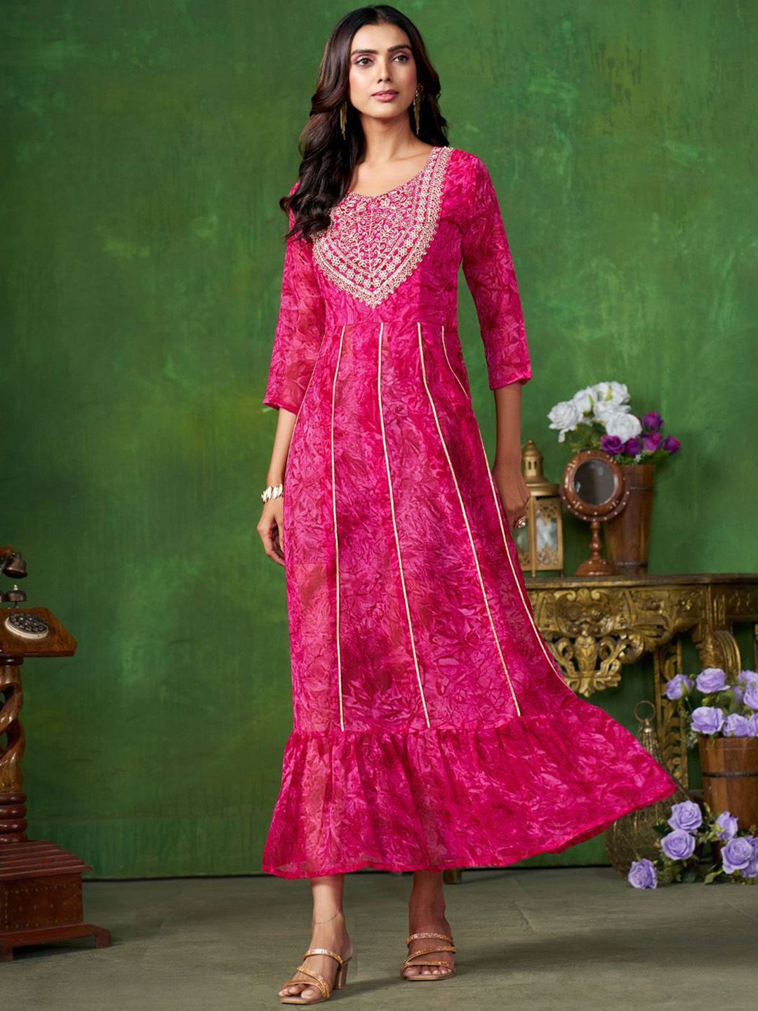 KALINI Ethnic Motifs Fit and Flare Ethnic Dress