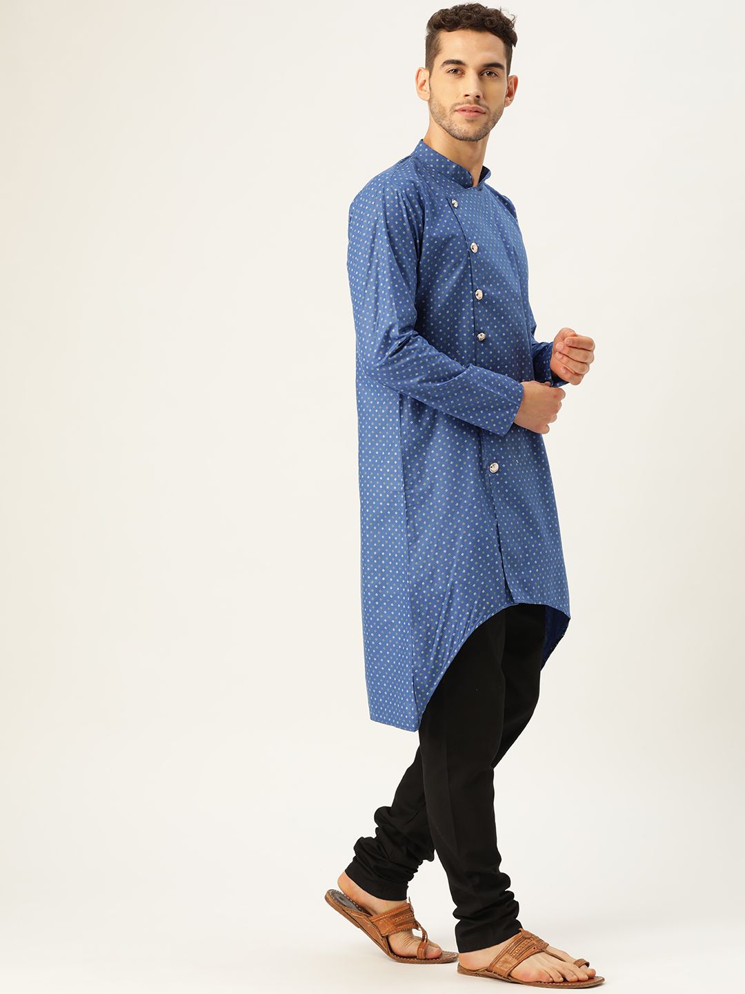 SOJANYA Men Blue & White Printed A-Line High-Low Hem Angrakha Kurta