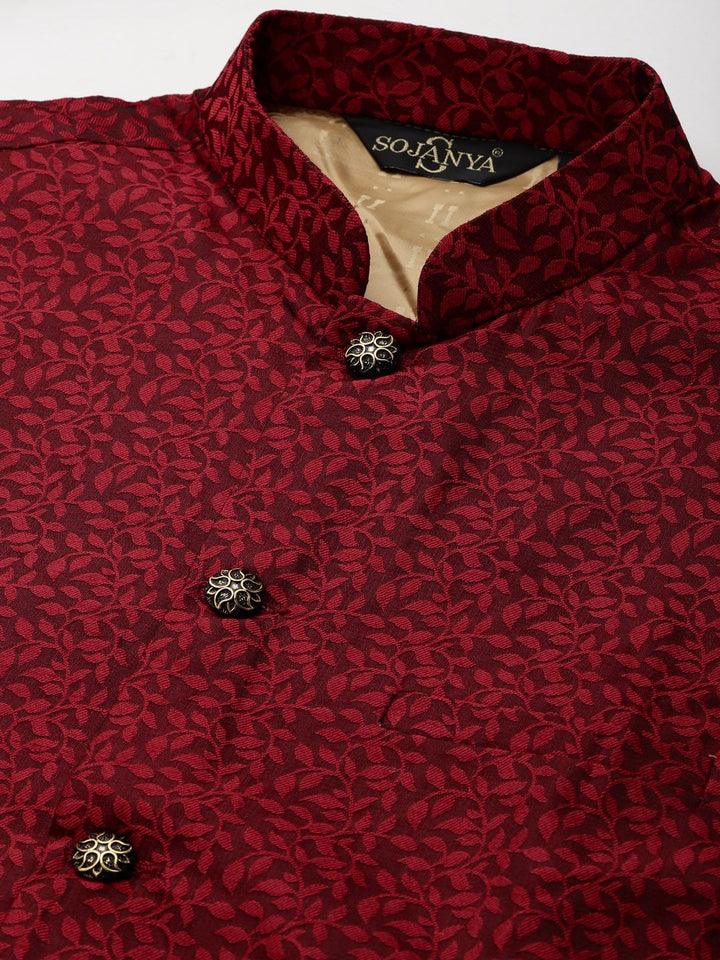 SOJANYA Men Beige Jacquard Silk Kurta with Churidar & Nehru Jacket