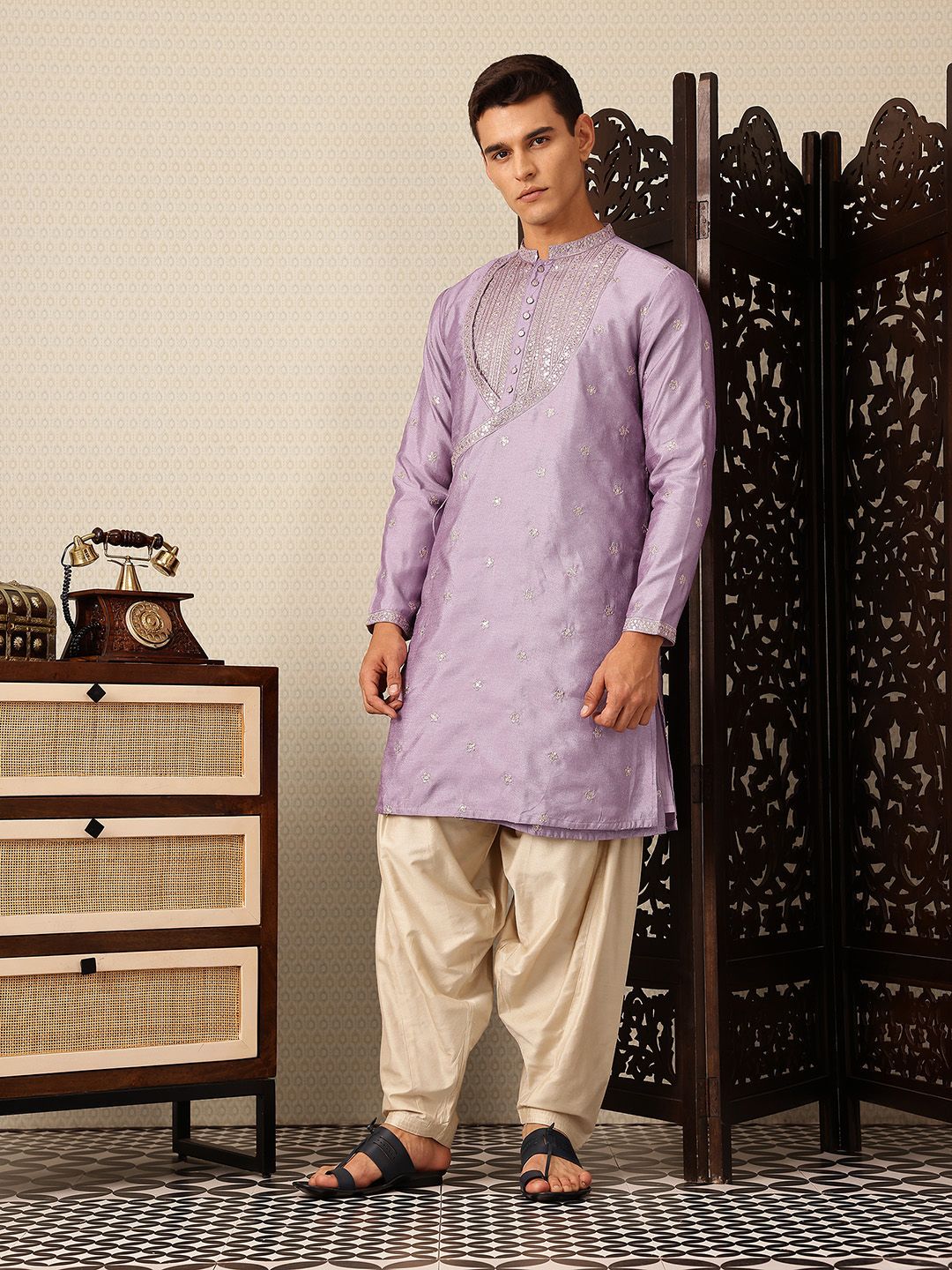House of Pataudi  Floral Yoke Design Angrakha Sequinned Jashn Kurta with Salwar