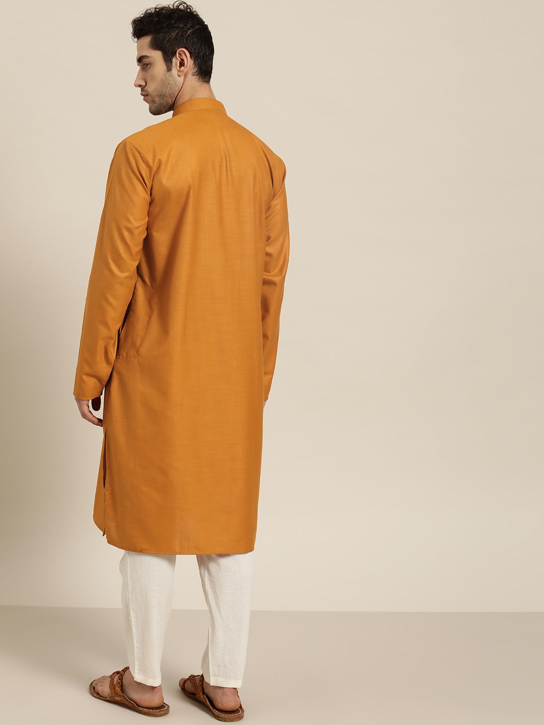 SOJANYA Men Mustard Yellow Solid Pure Cotton Kurta
